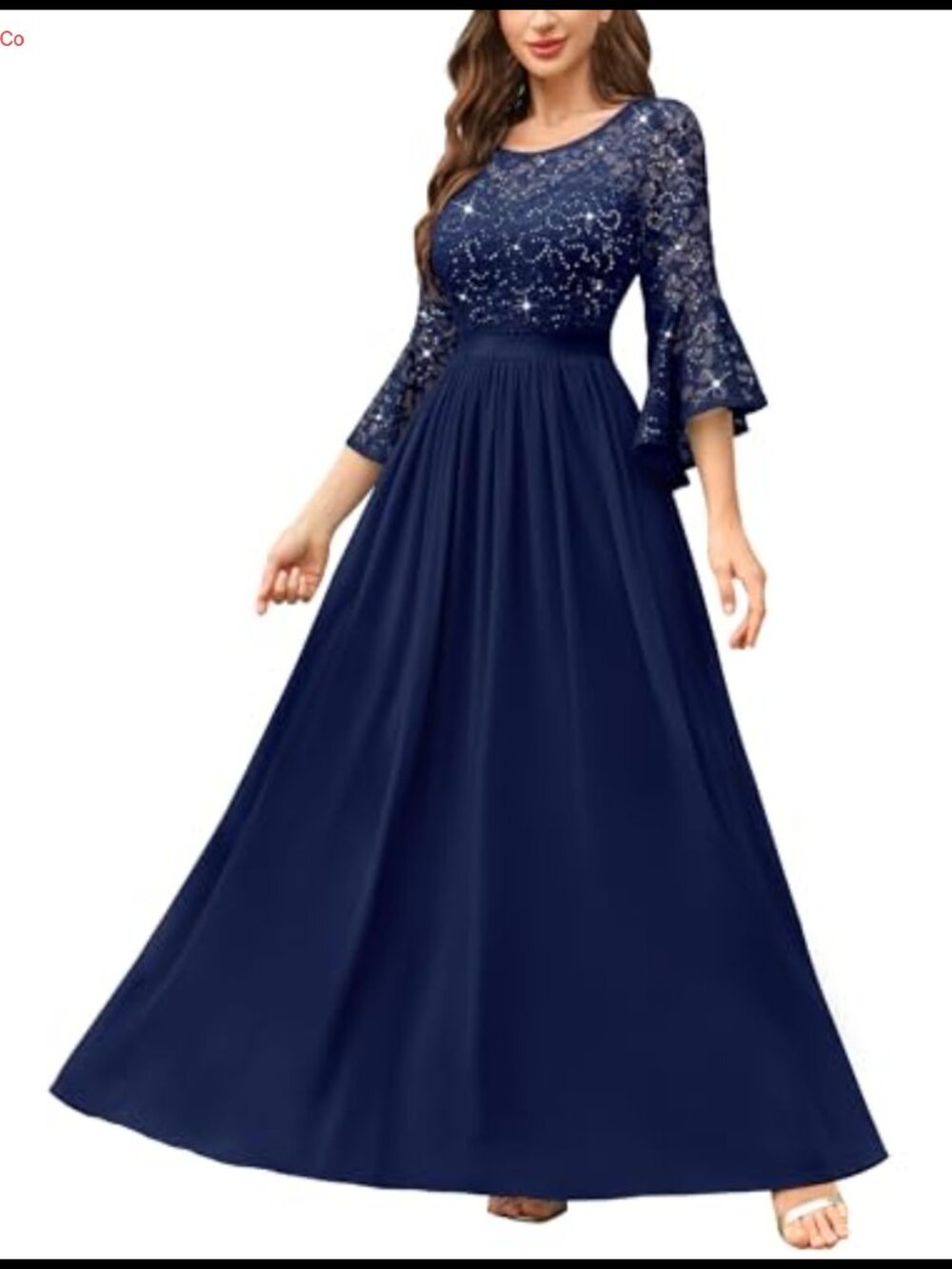 Formal Sequin Lace Bell Sleeve Evening Party Dress